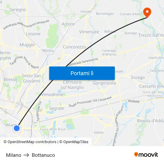 Milano to Bottanuco map