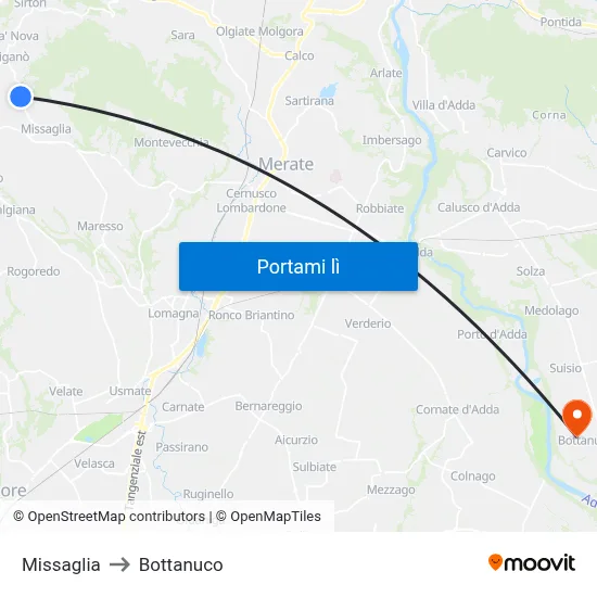 Missaglia to Bottanuco map