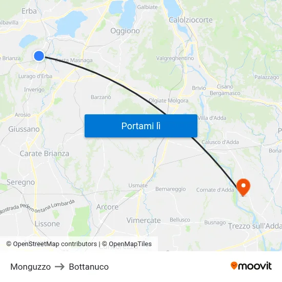 Monguzzo to Bottanuco map