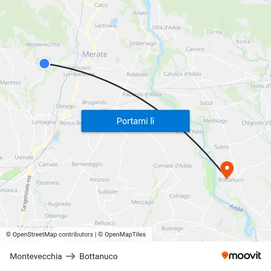 Montevecchia to Bottanuco map