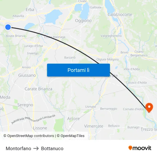 Montorfano to Bottanuco map