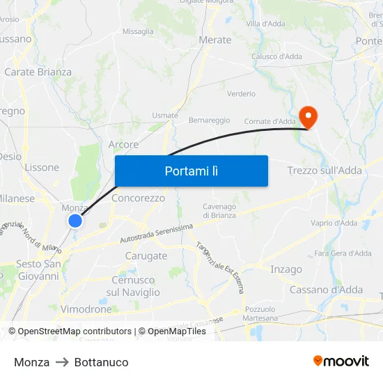 Monza to Bottanuco map