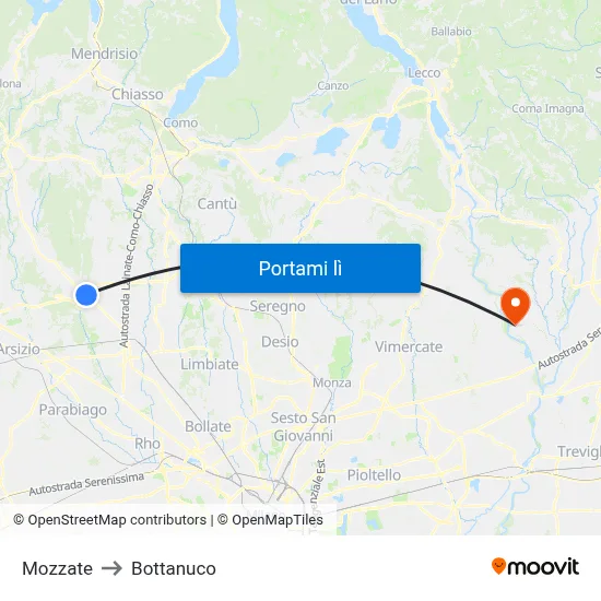 Mozzate to Bottanuco map