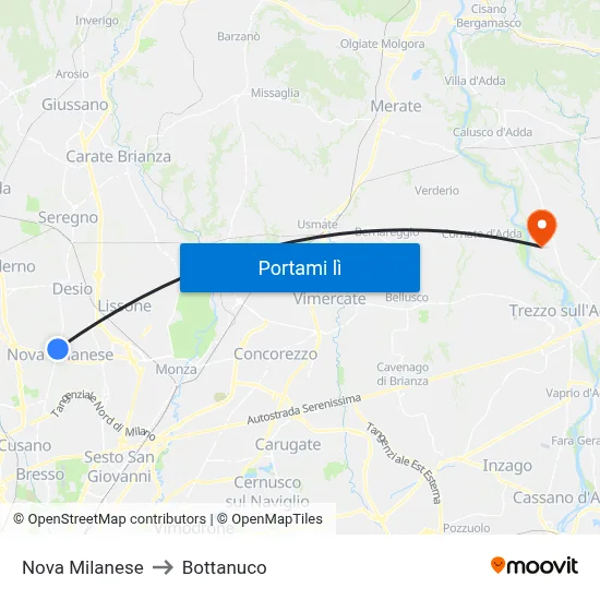 Nova Milanese to Bottanuco map
