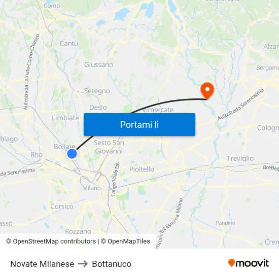 Novate Milanese to Bottanuco map