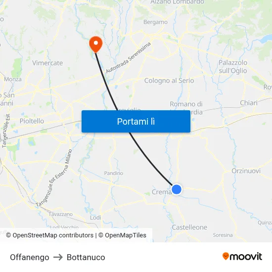 Offanengo to Bottanuco map