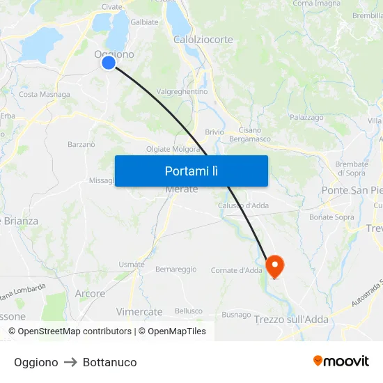 Oggiono to Bottanuco map