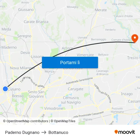 Paderno Dugnano to Bottanuco map