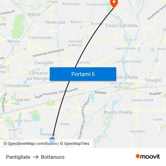 Pantigliate to Bottanuco map