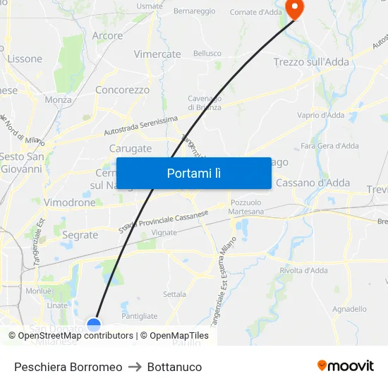 Peschiera Borromeo to Bottanuco map