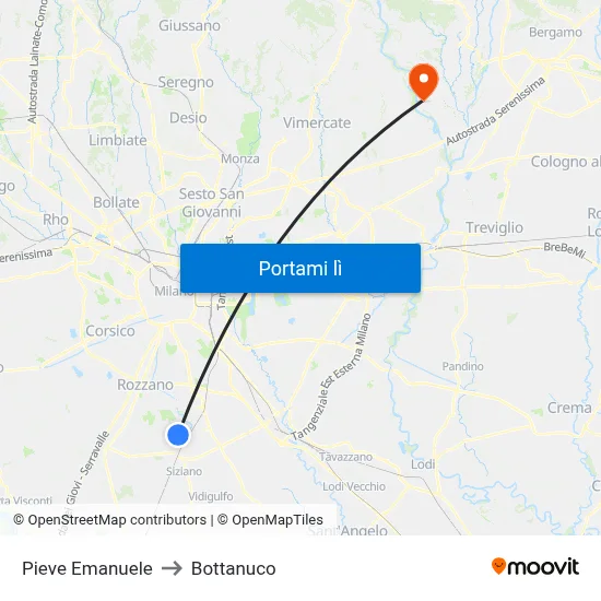 Pieve Emanuele to Bottanuco map