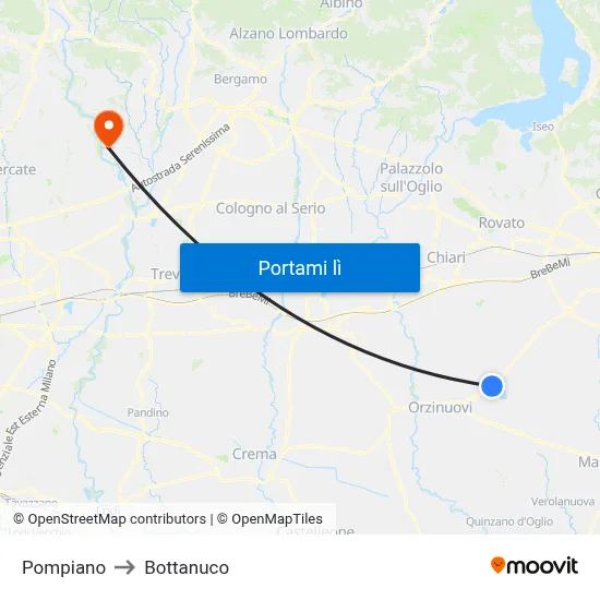 Pompiano to Bottanuco map