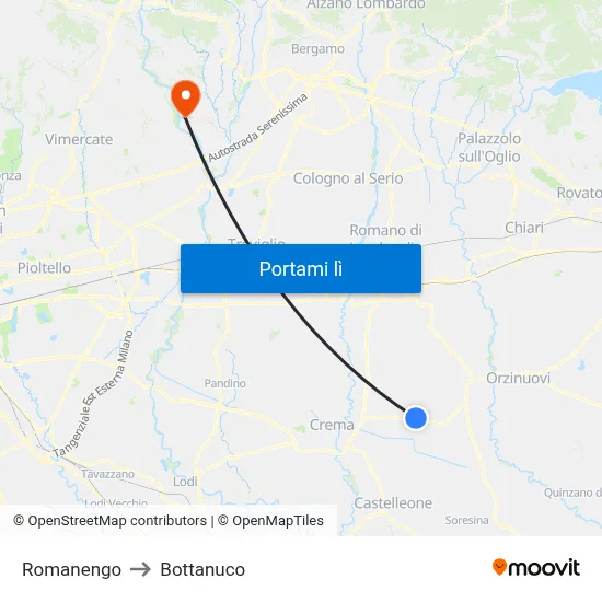 Romanengo to Bottanuco map
