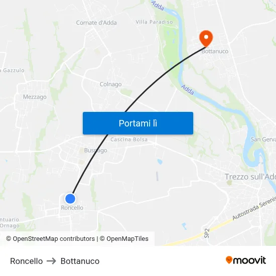 Roncello to Bottanuco map