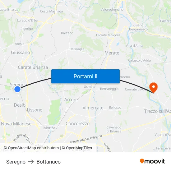 Seregno to Bottanuco map