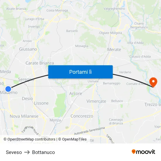 Seveso to Bottanuco map