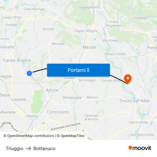 Triuggio to Bottanuco map