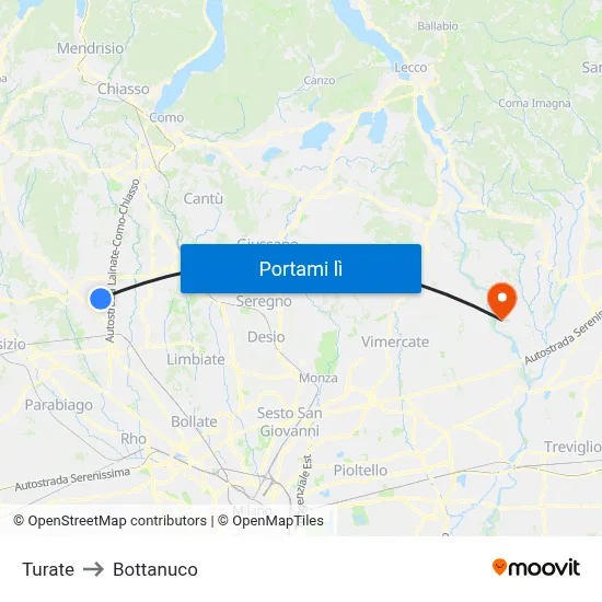 Turate to Bottanuco map