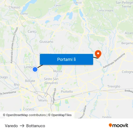 Varedo to Bottanuco map