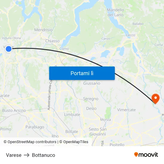 Varese to Bottanuco map