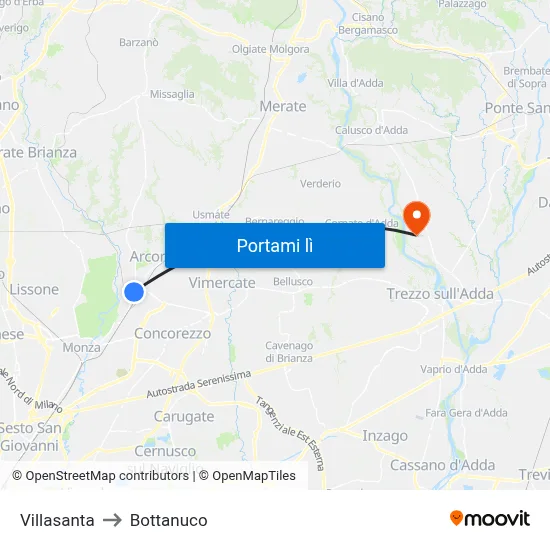 Villasanta to Bottanuco map