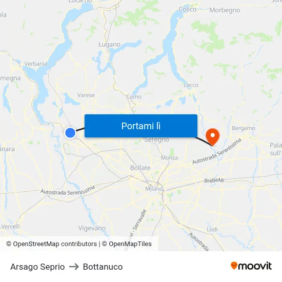 Arsago Seprio to Bottanuco map