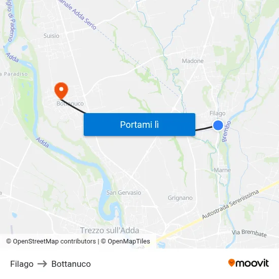 Filago to Bottanuco map