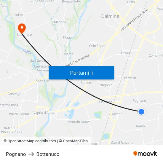 Pognano to Bottanuco map