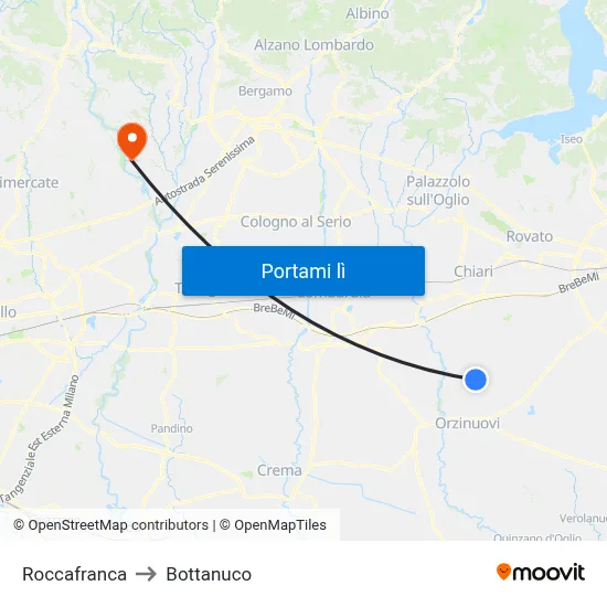 Roccafranca to Bottanuco map