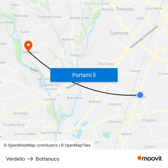 Verdello to Bottanuco map