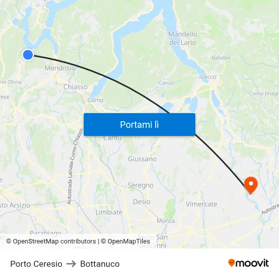 Porto Ceresio to Bottanuco map