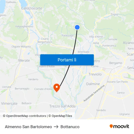 Almenno San Bartolomeo to Bottanuco map