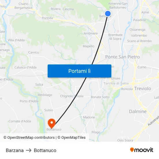 Barzana to Bottanuco map