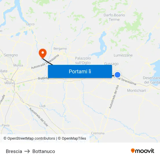 Brescia to Bottanuco map