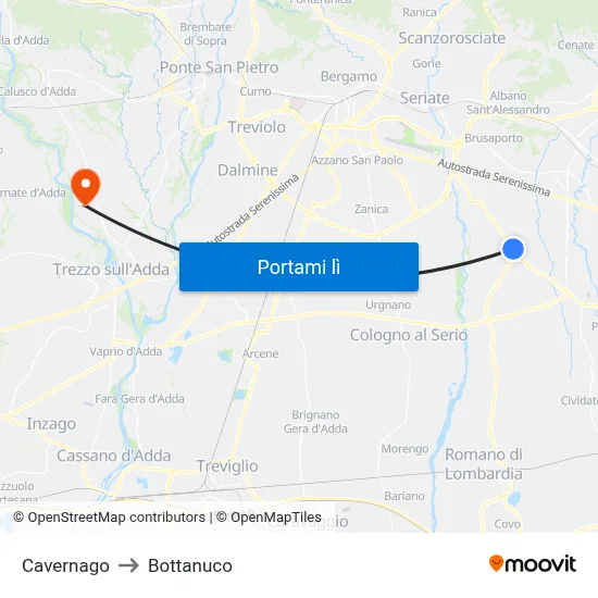 Cavernago to Bottanuco map