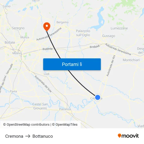 Cremona to Bottanuco map