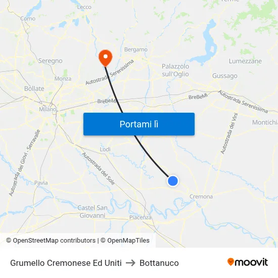 Grumello Cremonese Ed Uniti to Bottanuco map