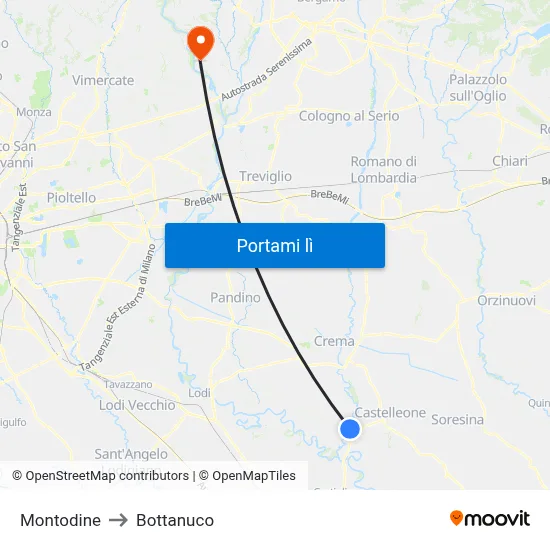 Montodine to Bottanuco map