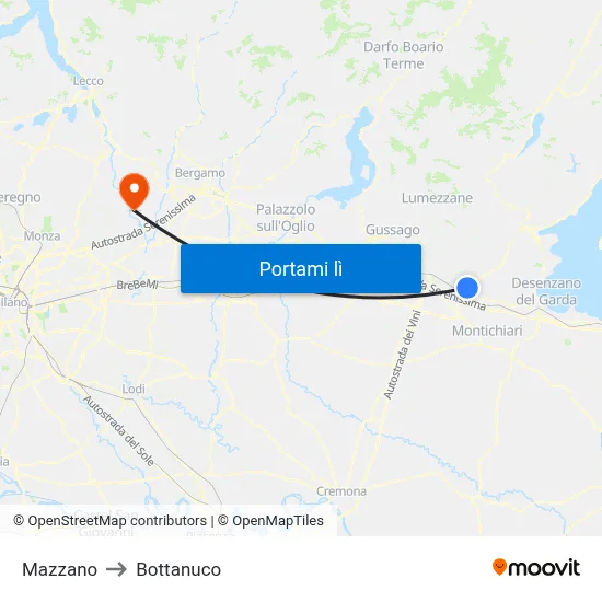 Mazzano to Bottanuco map