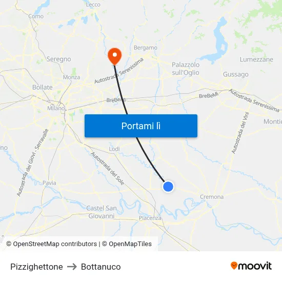 Pizzighettone to Bottanuco map