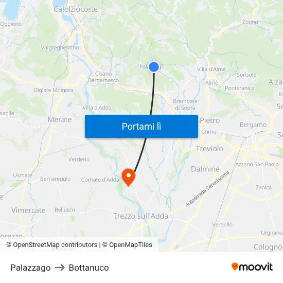 Palazzago to Bottanuco map