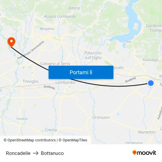Roncadelle to Bottanuco map