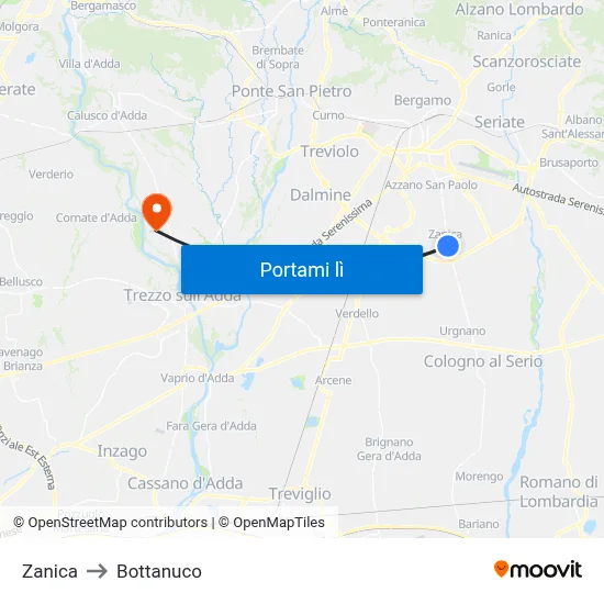 Zanica to Bottanuco map