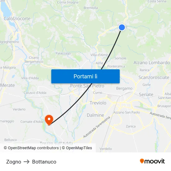 Zogno to Bottanuco map