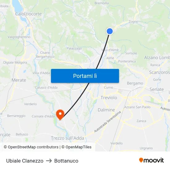 Ubiale Clanezzo to Bottanuco map