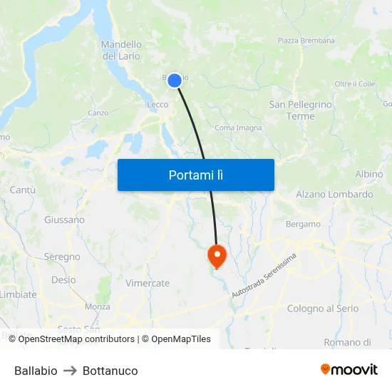 Ballabio to Bottanuco map