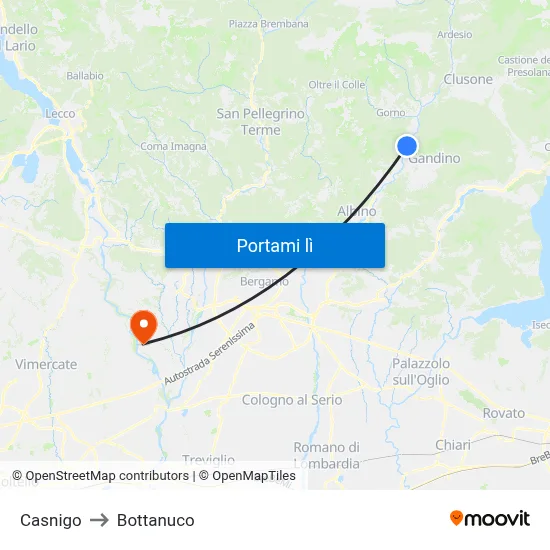 Casnigo to Bottanuco map