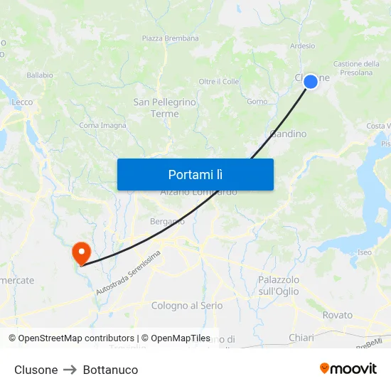 Clusone to Bottanuco map