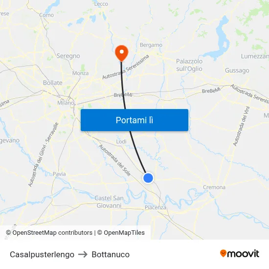 Casalpusterlengo to Bottanuco map