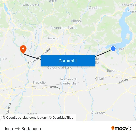 Iseo to Bottanuco map